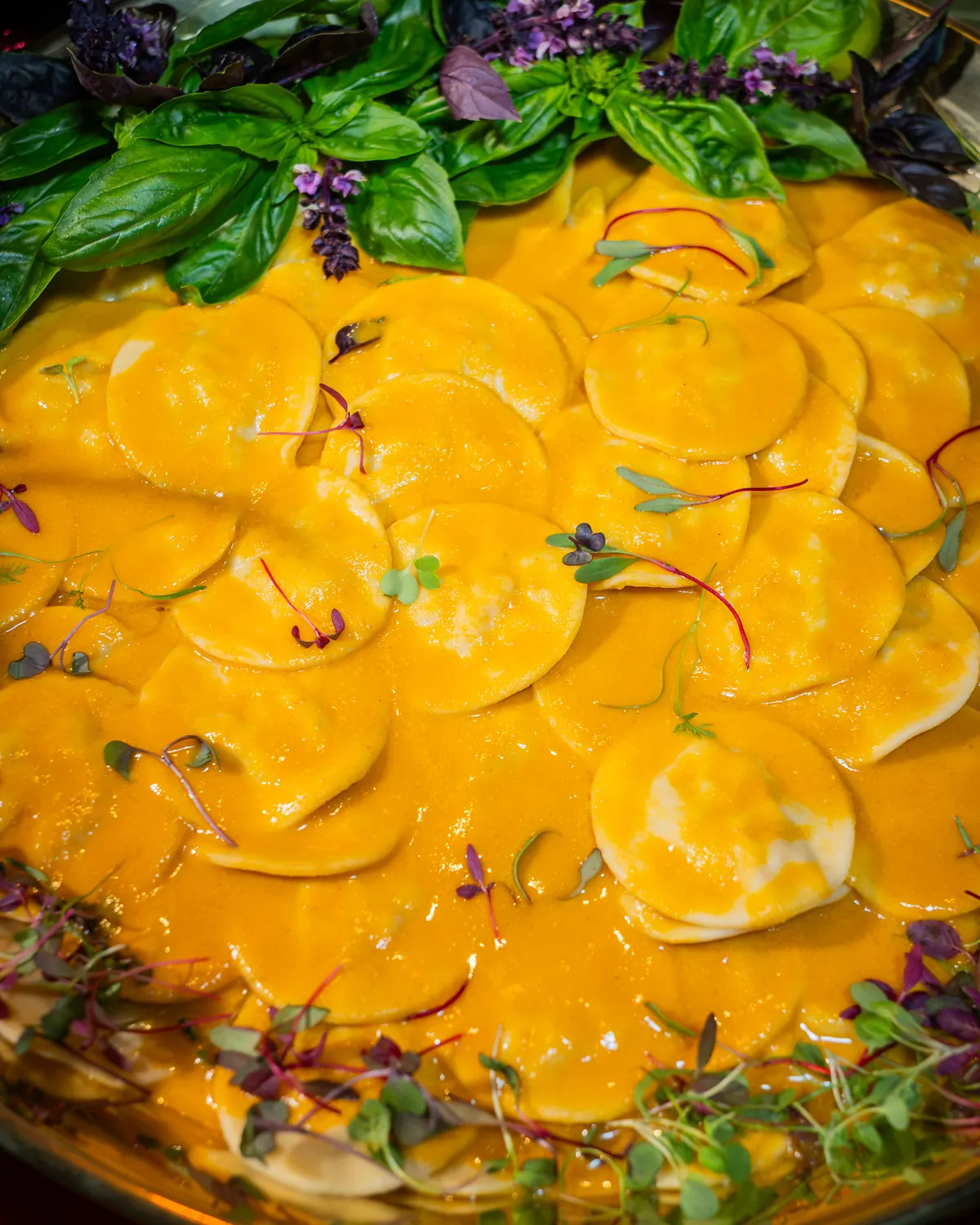 Ravioli de camarão rosa ao molho bisque